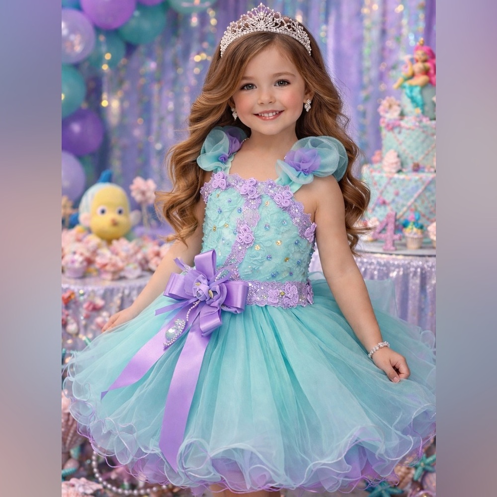 Girls aqua purple little mermaid inspired princess birthday summer party dress.